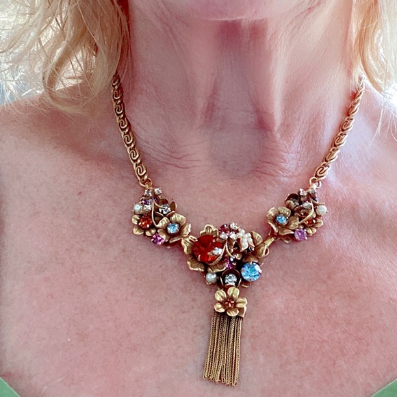 VTG Elaborate Crystal Gold-tone Floral Statement Necklace - Picture 9 of 12